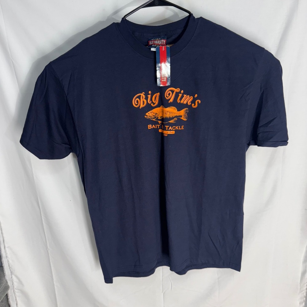 Old Varsity Brand T-Shirt Mens XL Navy Big Tim's Bait & Tackle Fishing Graphic